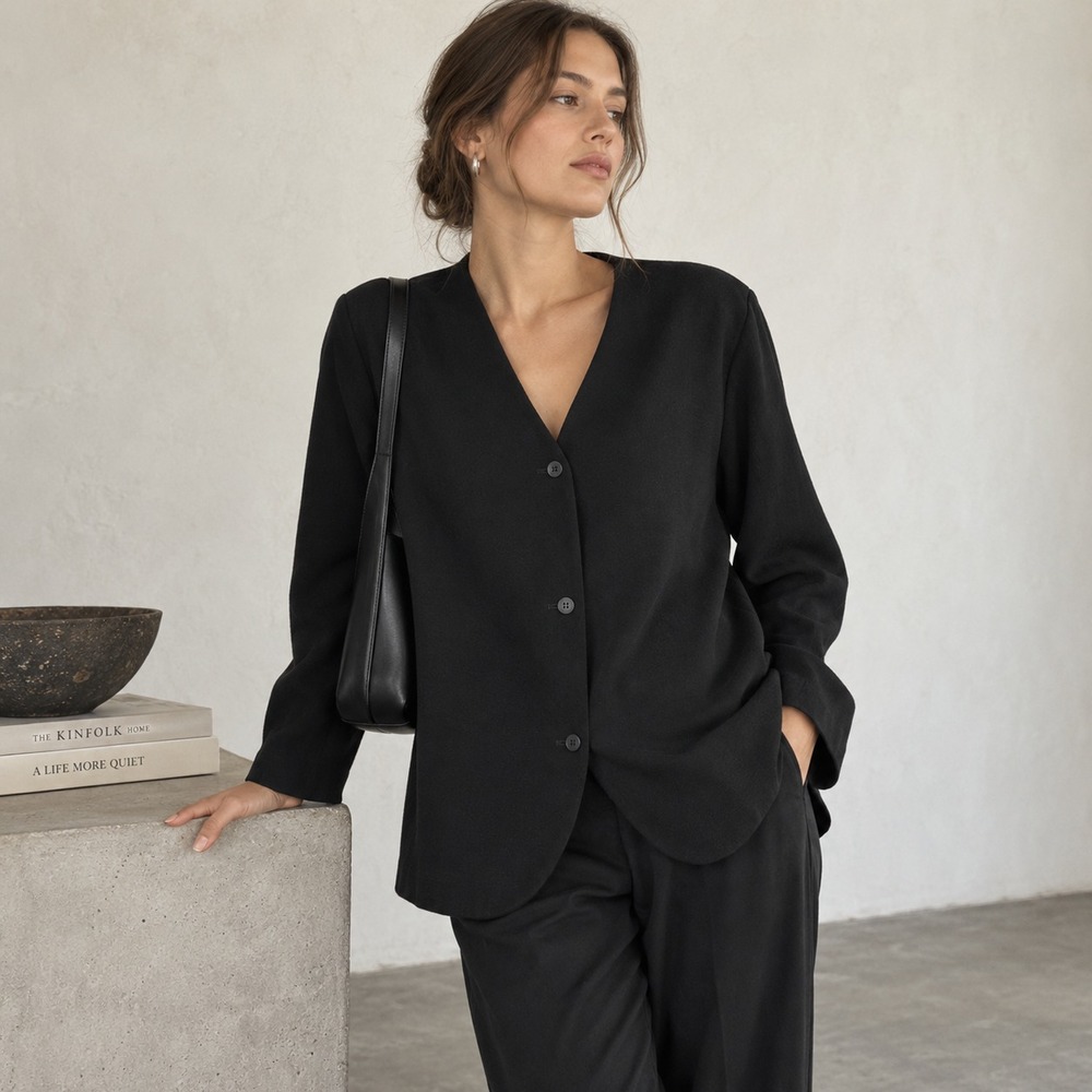 Vintage Eileen Fisher Womens Wool Blazer Sz L Black Minimalist Collarless 90s